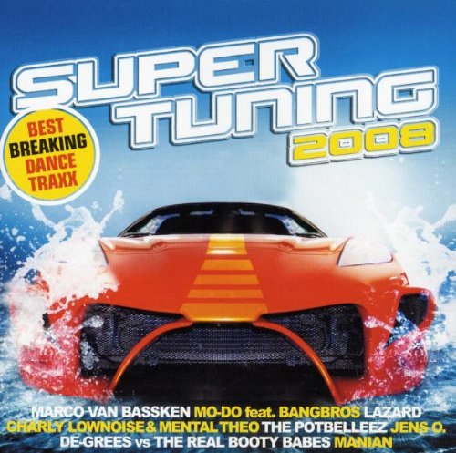 "Album cover featuring an orange sports car splashing through water, against a blue background."