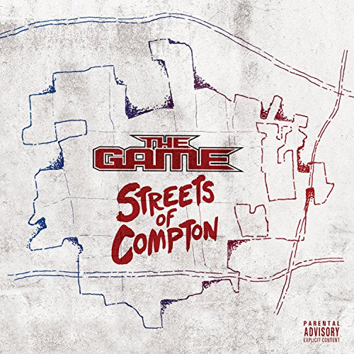 Album cover for "The Game - Streets of Compton" with map and text overlay.