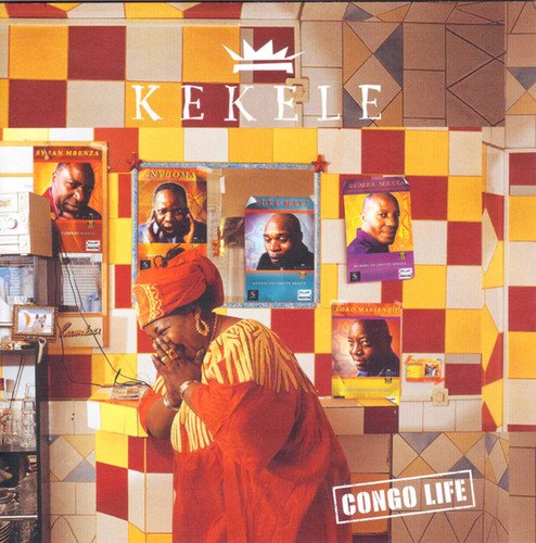 "Kekele album cover featuring a woman in orange, with checkered background and musician posters."