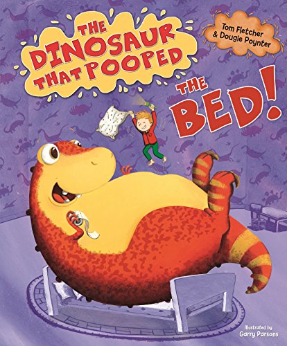 Children's book cover featuring a cartoon dinosaur in a bed with a messy scene.