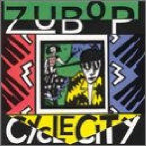 "Album cover with cartoon man and robot, colorful geometric patterns and bold text."