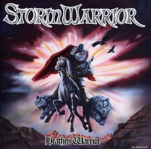"Album cover art featuring a warrior on horseback with a red cape and sword."