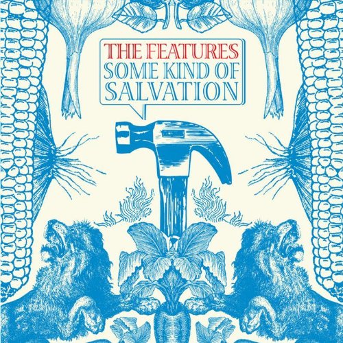 Album cover with hammer, corn stalks, and foliage in blue and red illustration.
