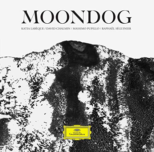 "Album cover with 'MOONDOG' title, abstract black and white image, and yellow label."