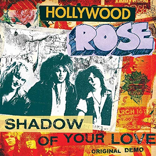 "Album cover with 'Hollywood Rose' title and band photo on a collaged background."