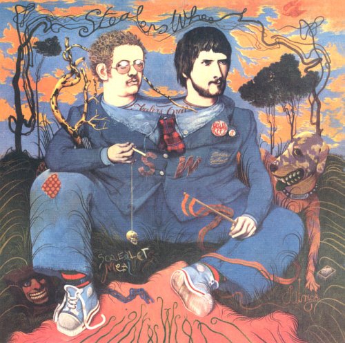 "Album cover art featuring two men in blue suits sitting together in a surreal landscape."