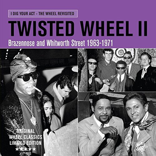 "Black and white collage of mod men on purple vinyl album cover."