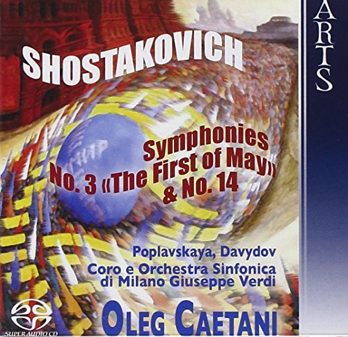 CD cover with abstract art, text "Shostakovich Symphonies No. 3 & No. 14" and conductor's name.