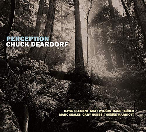 "Black-and-white forest scene with fallen tree, artist and album names overlaid in white text."