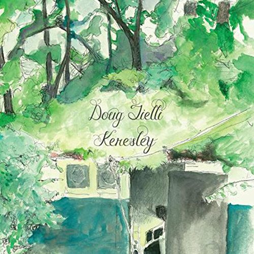 "Watercolor painting of a house surrounded by trees, with 'Doug Tielli Keresley' text."