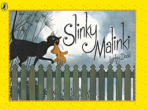 The image depicts the cover of the children's book "Slinky Malinki" by Lynley Dodd. Alt text: Children's book cover featuring a black cat holding an orange glove on a fence.