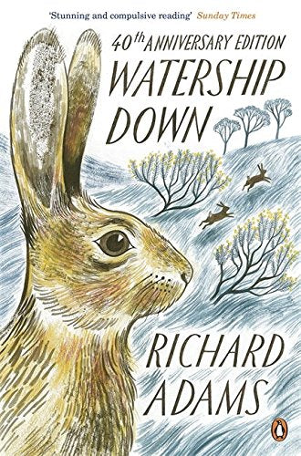 The image shows a book cover with a rabbit and trees. Alt text: Book cover featuring a sketched rabbit and trees, titled "Watership Down".