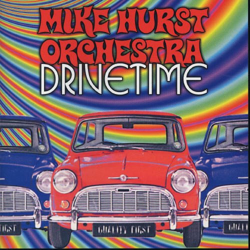 "Album cover with three vintage cars and psychedelic rainbow background."