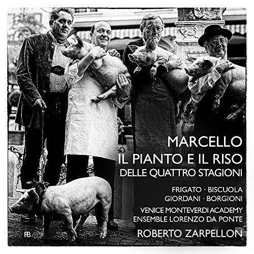Black and white album cover with four men holding pigs and text overlay.