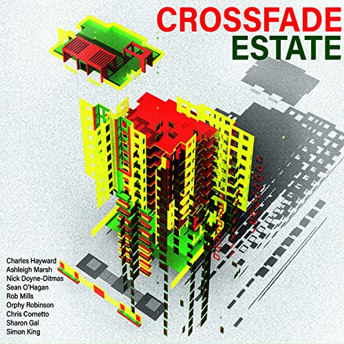 "Album cover with 3D building illustration, red, green, and yellow, on grey background."