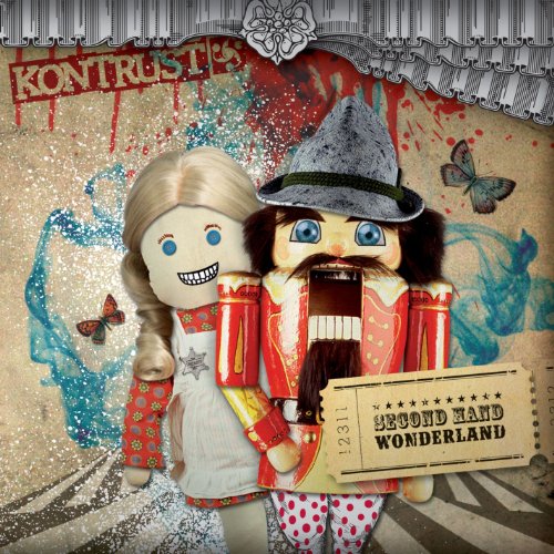 "Album cover featuring two nutcracker dolls against a colorful, abstract background with ticket overlay."