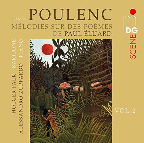 A CD cover with a surreal, green-toned forest scene and red flowers, on a beige background.