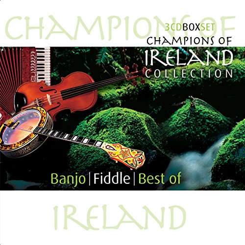 "CD cover featuring a fiddle and banjo against a green, rocky landscape."