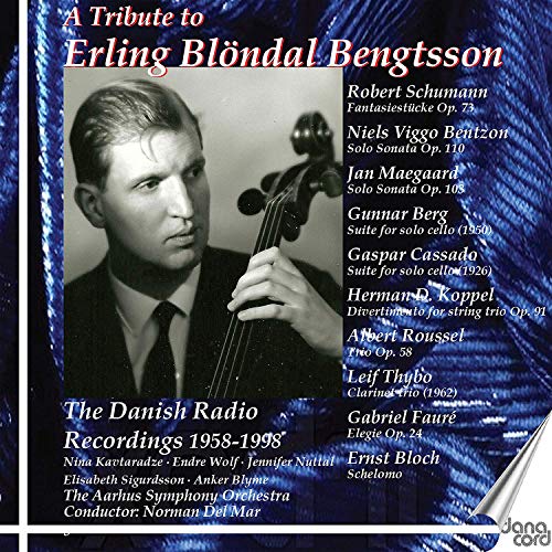 CD cover with black and white photo of man holding cello, blue background.