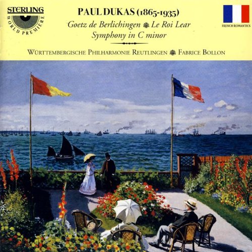 "CD cover featuring a serene garden scene with a couple and French flags."
