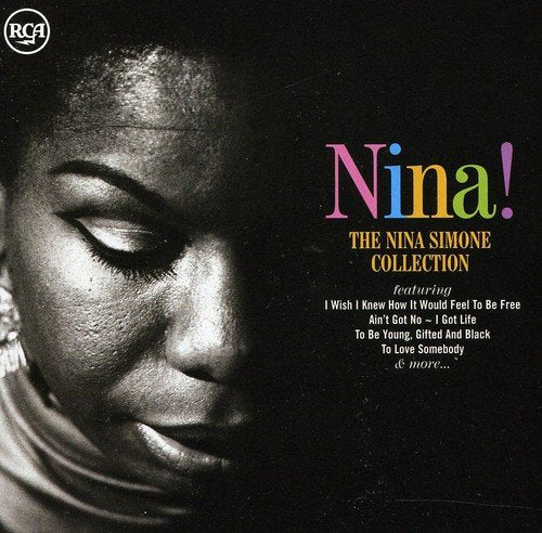 Nina Simone's album cover with a black-and-white portrait and multicolored title text.