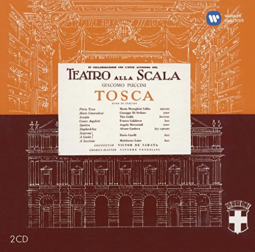 "CD cover with orange and brown background, white building illustration, and 'Tosca' title."