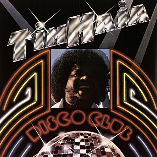 "Album cover with 'Tim Maia' in silver, 'Disco Club' in red neon, and a disco ball."