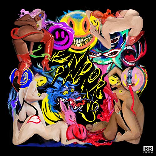 A colorful, abstract illustration of nude figures and creatures on a black background.