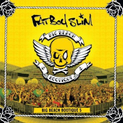The image shows a DVD cover for "Big Beach Bootique 5" by Fatboy Slim. Alt text: Yellow DVD cover with skull and wings logo, surrounded by a crowd.