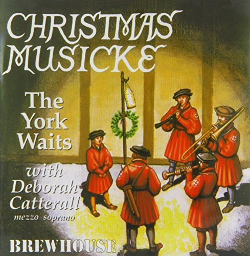 "CD cover featuring men in red playing instruments outside a building with a wreath."