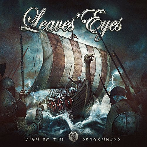 "Album cover featuring a Viking ship with striped sail amidst stormy seas."