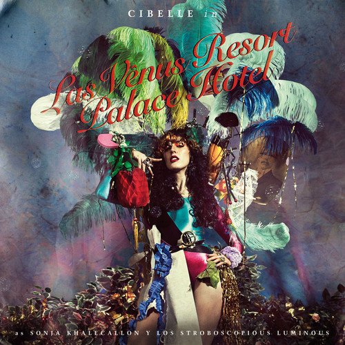 "Album cover with a woman surrounded by umbrellas and foliage, ornate text overlay."