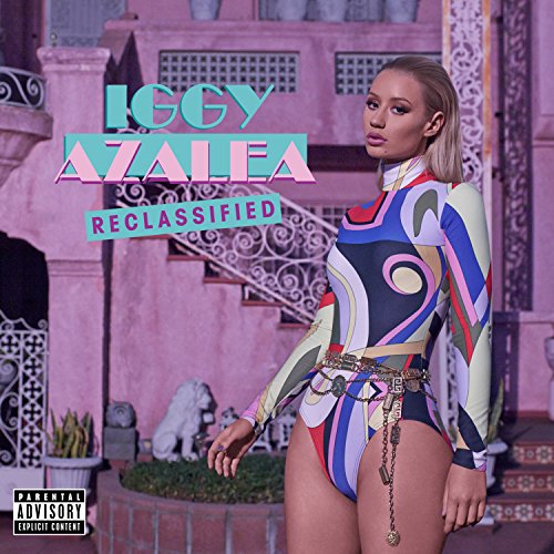 "Iggy Azalea album cover with a woman in a colorful bodysuit, pink mansion background."