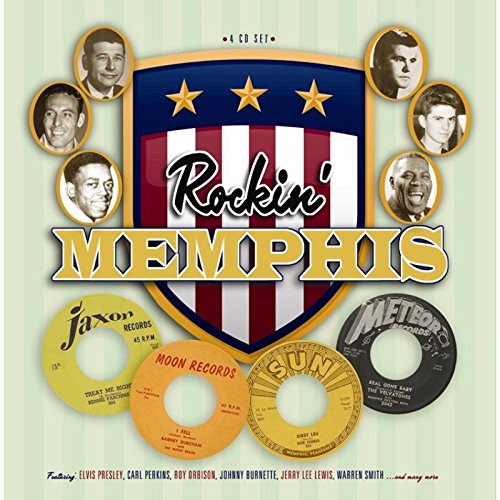 "CD cover with shield, vinyl records, and portraits on light green background."