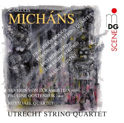 "CD cover with abstract, multicolored sketch and text listing musicians and composer's name."