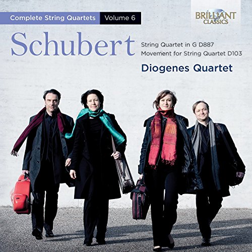 "CD cover featuring four musicians walking, carrying instrument cases, with text 'Schubert Diogenes Quartet'."