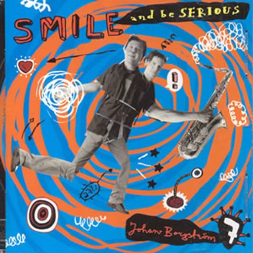 "Album cover with two men, one holding a saxophone, surrounded by swirling orange and blue patterns."
