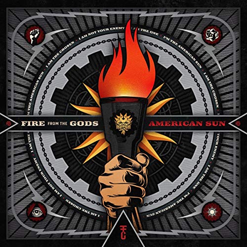"Album cover featuring a clenched fist holding a flaming torch, surrounded by circular design."