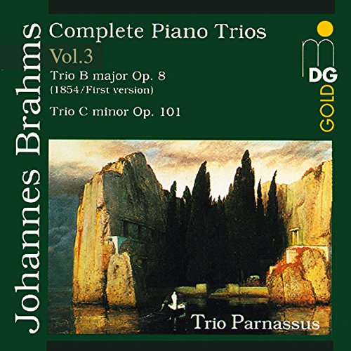 "CD cover with dark green background, featuring a painting of rocky cliffs and water."