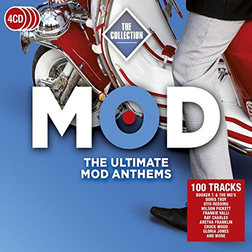 "CD cover with red and white scooter, person's legs, and bold 'MOD' text on blue background."