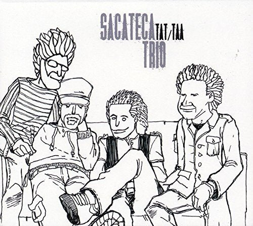 "Black and white album cover with cartoon drawing of four men and band name."