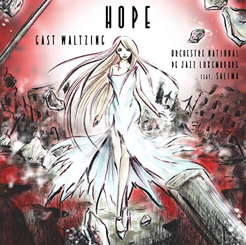 "Album cover art featuring a woman in white amidst a red, war-torn background."