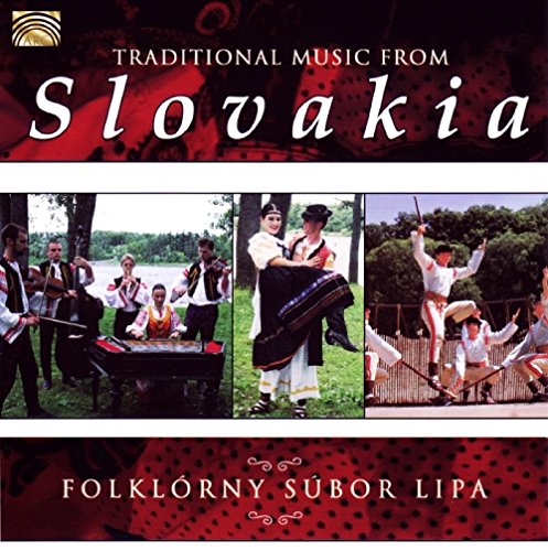 "CD cover featuring traditional Slovakian dancers and musicians, red patterned background."