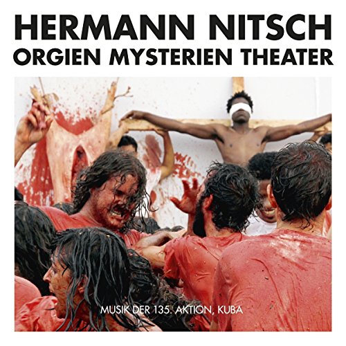 "CD cover with people covered in red liquid and a crucified figure in the background."