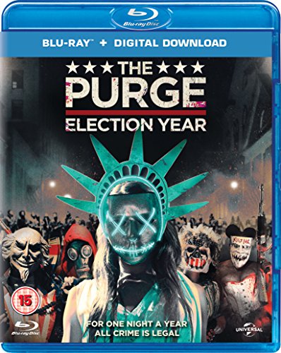 "Blu-ray case for 'The Purge: Election Year' with masked figures and Statue of Liberty."