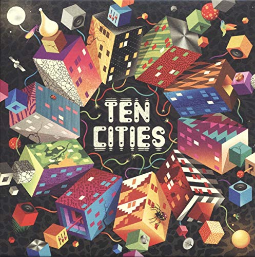 "Album cover with 'TEN CITIES' text, surrounded by colorful, abstract 3D cityscape and objects."