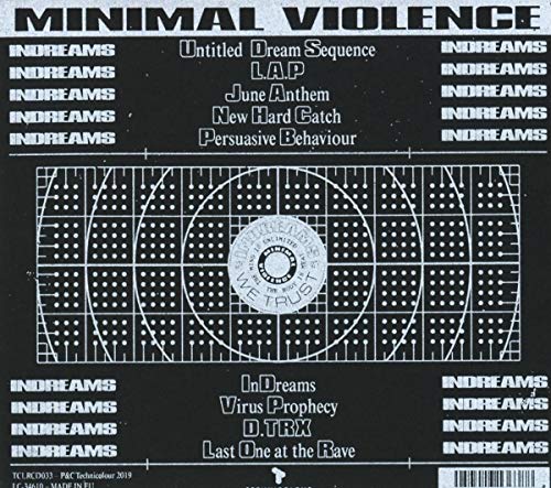 "Album cover with black background, white grid pattern, and barcode in the bottom right."