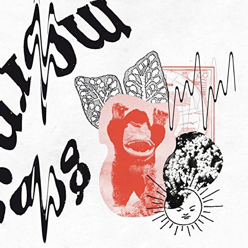 The image shows a vinyl record cover with a white background and abstract illustrations. For accessibility purposes, a concise alt text could be: "Vinyl record cover with abstract illustrations, including a red figure and sun."