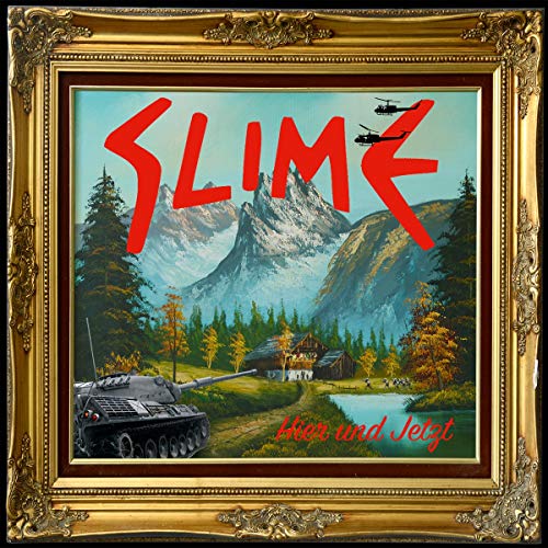 "Album cover with a framed painting of a tank and helicopters in a landscape."