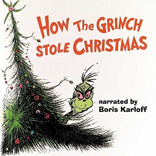"Album cover featuring the Grinch and a bare Christmas tree, narrated by Boris Karloff."
